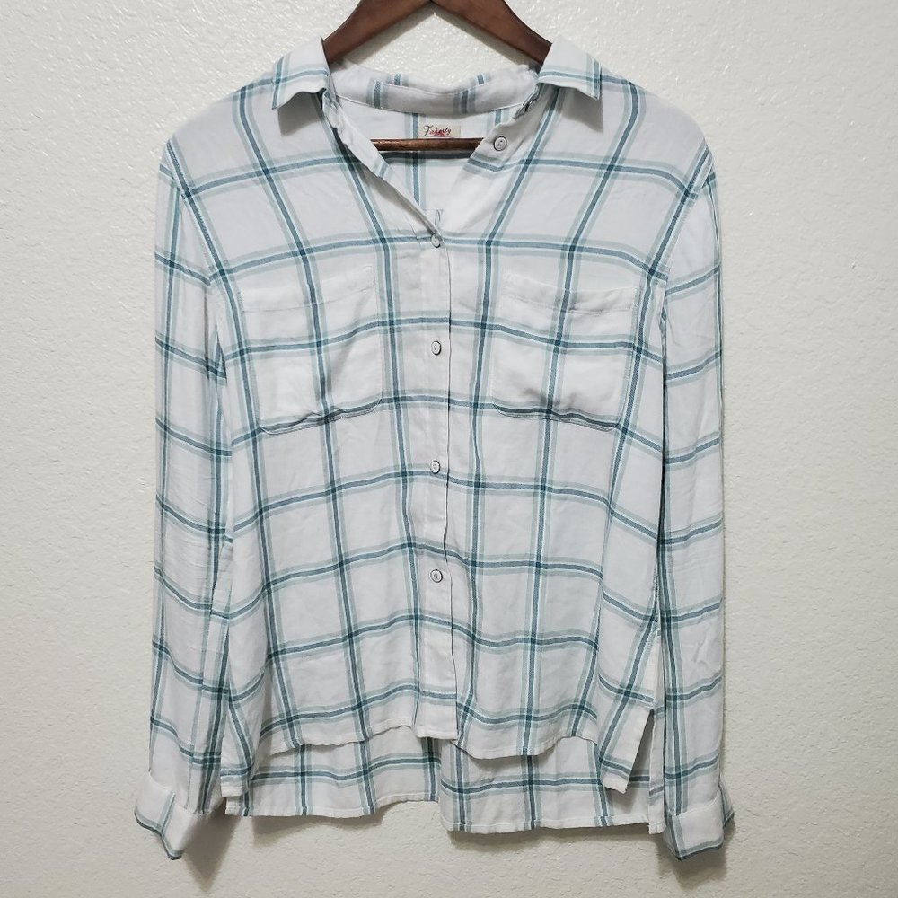 Faherty Plaid button down shirt white teal